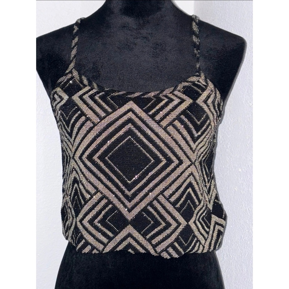 Boutique Essentials Womens Black Gold Geometric Metallic Crop Cami Top Medium